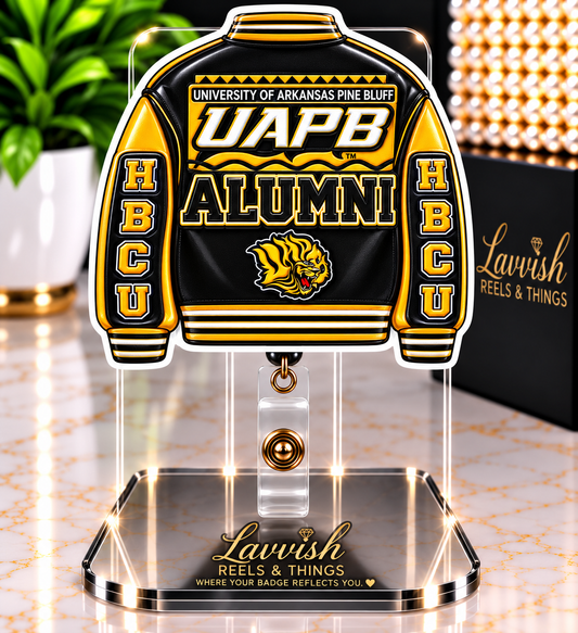 University of Arkansas at Pine Bluff (UAPB)  Badge Reel | HBCU Varsity Jacket Style Holder (Black & Gold)