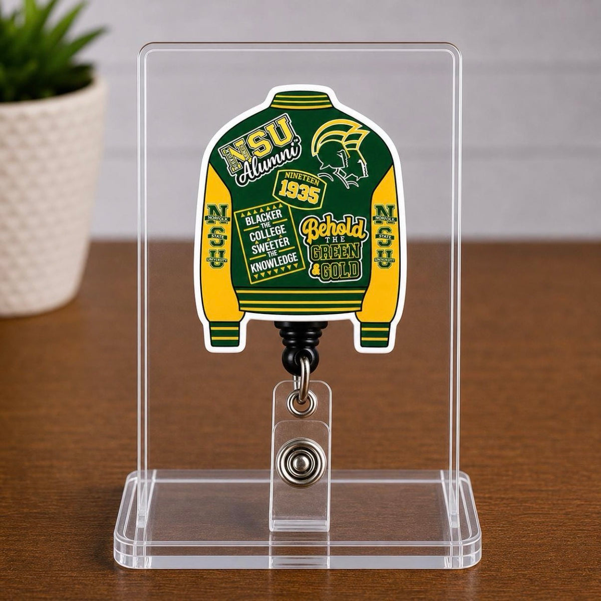 Norfolk State University Inspired Green & Gold Varsity Jacket Badge Reel | NSU HBCU Badge Holder