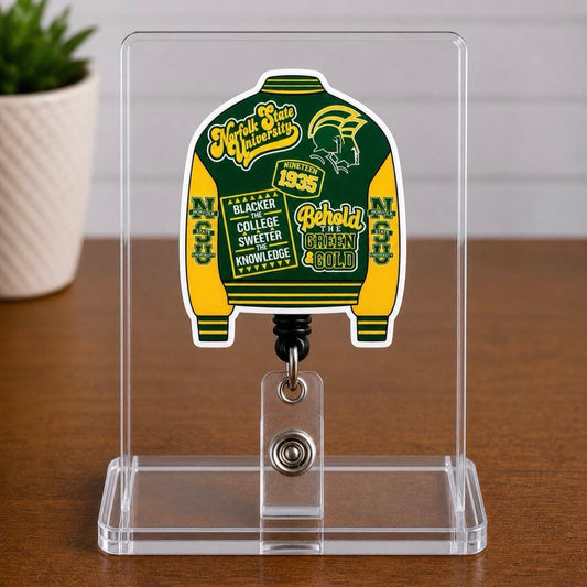 Norfolk State University Inspired Green & Gold Varsity Jacket Badge Reel | NSU HBCU Badge Holder